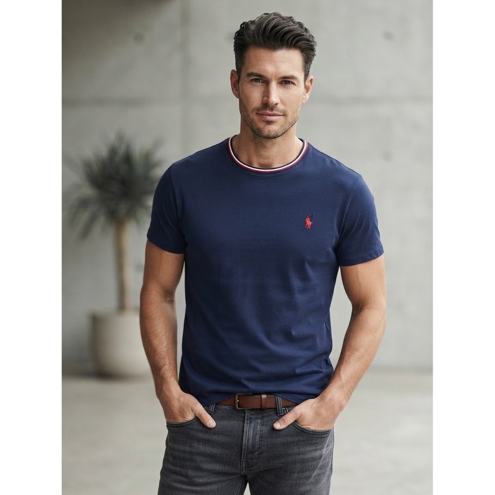 Polo Ralph Lauren Mens Custom Slim Fit Navy Mesh Pique T-Shirt Red Pony L Preppy